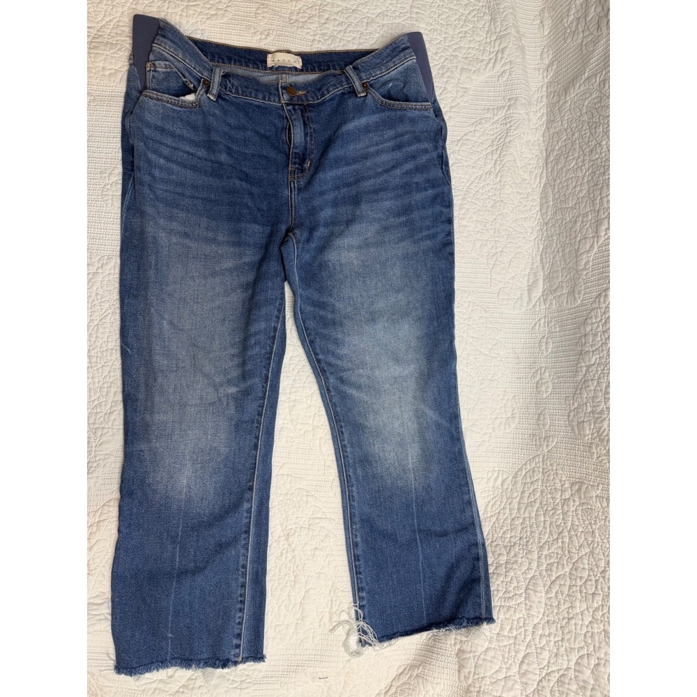 Hatch Maternity Jeans Medium Wash Straight Leg Raw Hem Side Panels Size 3